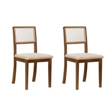 Imagem de Kit 2 Cadeiras De Jantar Madeira Maciça Imbuia Encosto Telinha Palha Estofada Veludo Bege Rubi