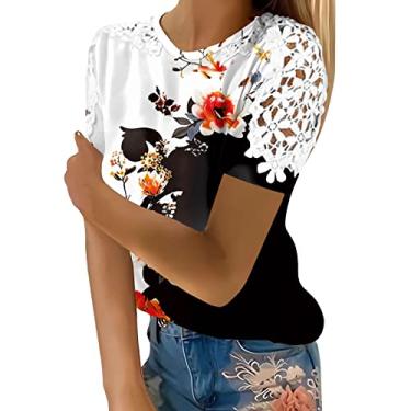 Imagem de Blusas femininas de malha de renda para treino plus size manga curta Y2K blusas de algodão camisetas camponesas túnica formal, Preto, G