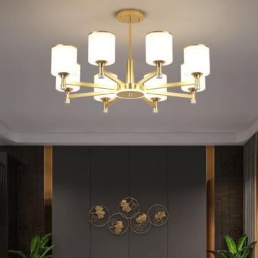 Imagem de Luminárias de lustre de 6/8 luzes, modernas luminárias pendentes de ouro chinês com abajur de vidro, lâmpadas suspensas ajustáveis em altura, luminárias pendentes de ferro de metal para sala