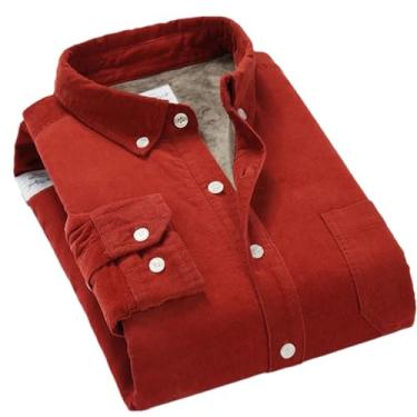 Imagem de Camisa masculina de algodão veludo cotelê quente inverno forro grosso de lã térmica manga comprida camisas masculinas, Vermelho escuro, XXG