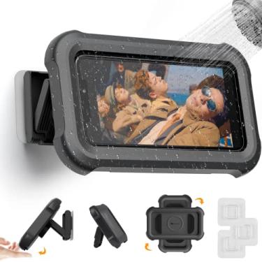 Imagem de Suporte de telefone de chuveiro à prova d'água com rotação de 360°, ângulo ajustável, suporte de telefone montado na parede para banheiro, espelho, banheira, cozinha, até 16,8 cm (preto)
