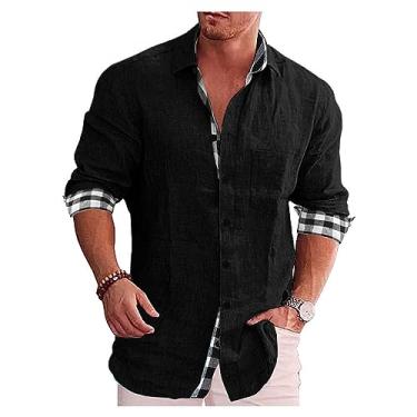 Imagem de Camisa masculina de manga comprida casual de lapela xadrez algodão linho camisa de praia camisa de botão, Preto, G