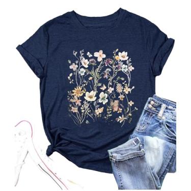 Imagem de YLISA Camiseta feminina vintage com flores boêmias, floral, botânica, casual, estampa de flores silvestres, Azul escuro 1, XXG