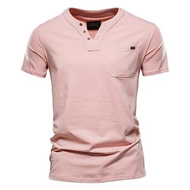Imagem de Camiseta masculina atlética manga curta slim fit algodão sólido gola V respirável camiseta casual com, Rosa, 3G