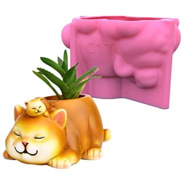 Imagem de Lindo suporte para caneta de vaso de flores para mãe e filho, gato, suculenta, molde de silicone, gesso de concreto, vaso de cacto, molde de resina epóxi de cimento