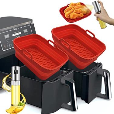 Imagem de Daily Treasures Pacote com 2 forros dobráveis para fritadeira a ar ninja dupla com 1 pacote dispensador de pulverizador de óleo, acessórios para fritadeira a ar reutilizável Ninja Air Fryer forro de