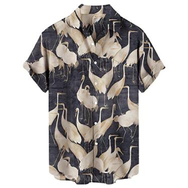 Imagem de Camiseta masculina casual solta com estampa de lapela manga curta abotoada estilo porto floral praia areia masculina manga longa, Cinza escuro, M