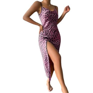 Imagem de Yvipette Vestido feminino de cetim de leopardo, gola drapeada, frente única, dividido, seda; vestido de dormir, Roxa, P