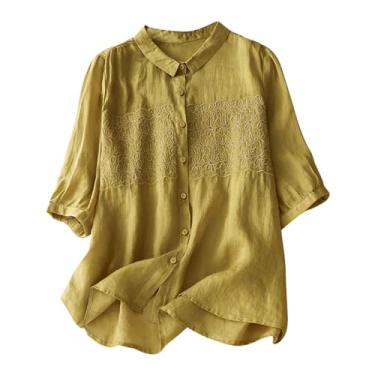 Imagem de Blusas femininas de algodão de manga curta de algodão com gola V e gola em linho, bordadas, casuais, Amarelo, XXG