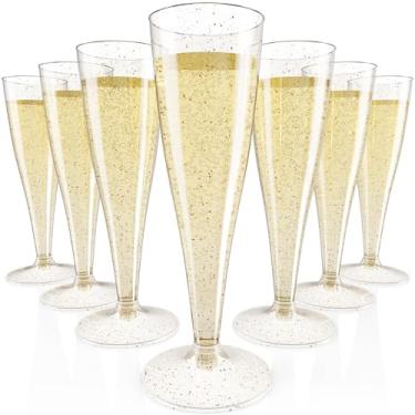 Imagem de JOLLY CHEF Pacote com 100 taças de champanhe de plástico descartáveis de 130 ml, taças de champanhe de plástico com glitter dourado para casamento, Dia de Ação de Graças, Natal