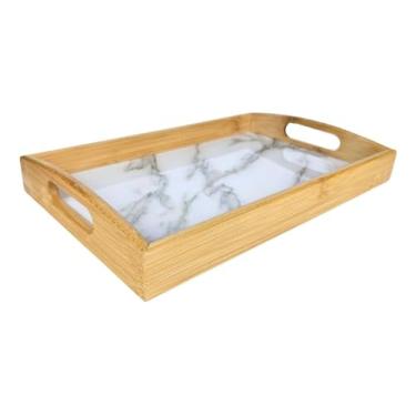 Imagem de Bandeja Retangular de Bambu, 21x33cm, Com Alças Laterais, Ideal Para Servir Petiscos, Café da Manhã, Decoração, Fundo Marmorizado Branco