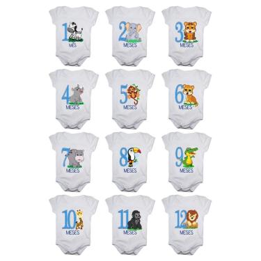 Imagem de Kit body mesversario manga curta safari 12 bodies de bebê 1 a 12 meses
