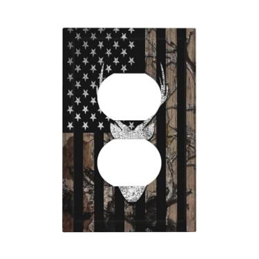 Imagem de Camuflagem bandeira americana alce alce caçando chifres de veado de madeira rústica, 1 gangue, capas de tomada duplex, placa de parede decorativa, capa de interruptor de luz única, placa de