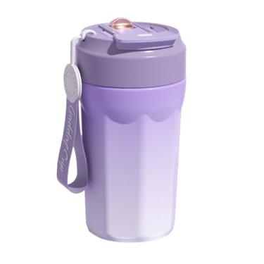 Imagem de Xícara de café de aço inoxidável isolada de 460 ml com alça, caneca de viagem à prova de vazamento, uso no escritório e no carro, tampa dupla com canudo, disponível em quatro cores (roxo)