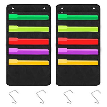 Imagem de Organizador de arquivos para pendurar na porta pesada Sinzip, cartas de bolso para armazenamento na parede preta com 2 ganchos, ótimo para sala de aula, escola, casa ou escritório, 5 Pocket-2Pack
