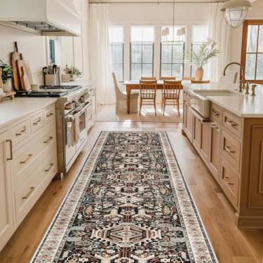 Imagem de Tapete lavável para cozinha – Tapete de corredor persa Boho de 60 x 30 cm, tapetes envelhecidos antiderrapante macio para sala de jantar (preto, 6 x 30 cm)