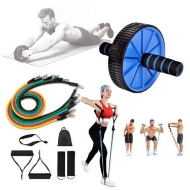 Imagem de Kit 11 Extensor Elástico Treino Em Casa + Roda Abdominal - Zaya