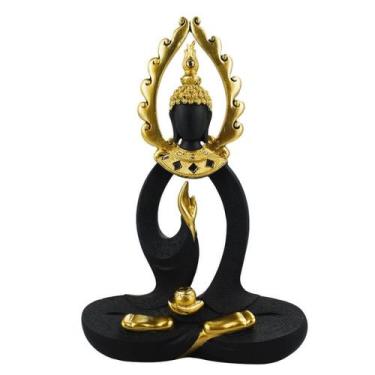 Imagem de Buda Sentado Preto Detalhes Dourado 33cm - Enfeite Decorativo Resina -