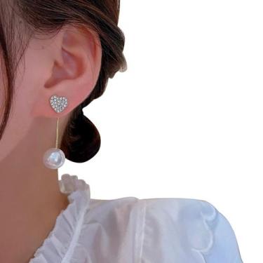 Imagem de Brinco Feminino Delicado Coração Strass Pérola Joia Dourado - anjo da 