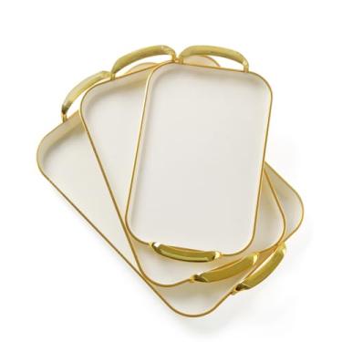 Imagem de Conjunto de 3 travessas de servir com alças de 41,5/15/33,2 cm, bandejas de plástico brancas retangulares reutilizáveis para comida, jantar, biscoito, bolo, peru, queijo, frutas, aperitivo