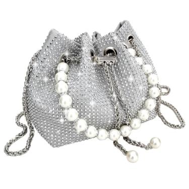 Imagem de iSamzan Bolsa de mão feminina estilo concha noturna com strass brilhante pérola clutch prata para festa, clube, casamento, coquetel, formatura, Branco