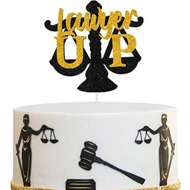 Imagem de Topo de bolo de formatura Lawyer UP 2025 - Class Of 2025 Black Glitter Scales Of Justice Cake - Decoração de festa de pós-graduação da faculdade de direito