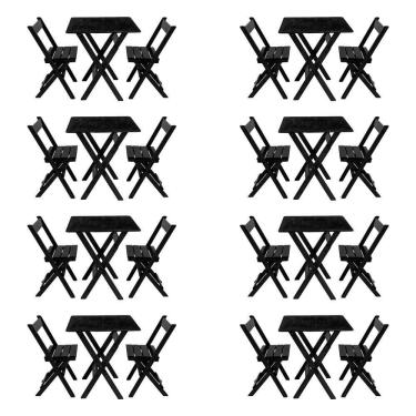 Imagem de Kit 8 Conjuntos Mesa Dobrável Para Bar E Restaurante 60x60cm Com 2 Cadeiras Em Madeira Maciça - Pret - Preto