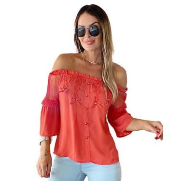 Imagem de Blusa Ciganinha Ombro a Ombro Com Renda Tule Elastico na Manga Detalha