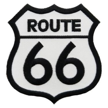 Imagem de Emblema de motociclista Route 66 bordado branco com placa de estrada a ferro