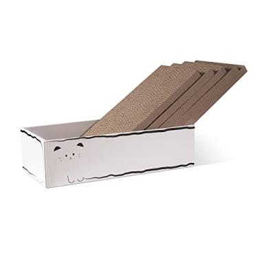 Imagem de Poste arranhador de papelão: arranhador de gato inteligente com caixa, 5 peças de almofada de arranhar para gatos em ambientes internos, refil de papelão durável para cama de descanso para gatos arranhar brincar