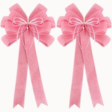 Imagem de RIBBOOO Pacote com 2 laços de árvore de Natal rosa 30,5 x 50,8 cm grande arco de guirlanda de serapilheira com cordão de glitter para topo de árvore de Natal, decoração de porta da frente de casa,