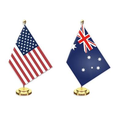 Imagem de Conjunto de 2 unidades de bandeira pequena de mesa australiana americana, mini faixa de mesa australiana de 12 × 20 cm, decoração de poste de metal sólido de 30 cm, faixa de poliéster impressa digital
