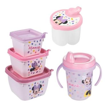 Imagem de Kit Infantil 3 peças Minnie Baby: Porta Leite em Pó de Viagem para 3 doses, Conjunto com 3 Potes de Tamanhos Diversos e Caneca com Bico e alça - Licenciado Disney Minnie Baby