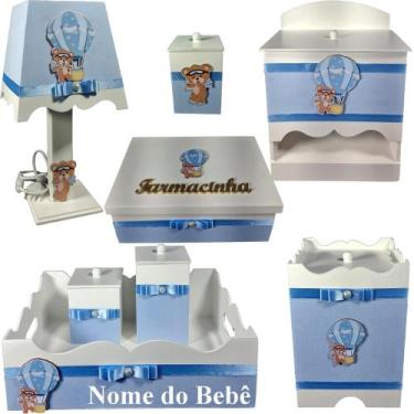 Imagem de Kit farmacinha de bebê Mdf menino - Urso Balão Branco e Azul - Flores 