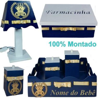 Imagem de Kit de Higiene para quarto de bebê menino madeira Mdf 6 pçs - urso rei
