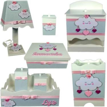 Imagem de Kit farmacinha Higiene bebê Mdf 8 pçs - CHUVA DE AMOR CINZA E ROSA - F