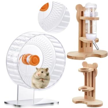 Imagem de Sonwyoung Conjunto de 2 rodas transparentes silenciosas para hamster e garrafa de água para hamster de 23 cm com suporte ajustável para porquinho-da-índia para animais pequenos