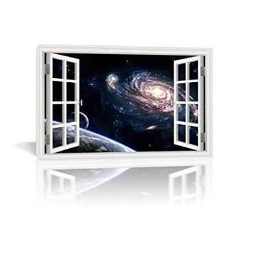 Imagem de Impressão em tela emoldurada arte de parede 3D falsa janela - impressão de pintura de paisagem em tela - céu estrelado paisagem em tela - arte de parede em tela vista de janela para decoração de