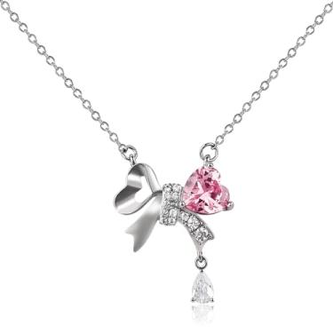 Imagem de Colar feminino com pingente de laço de prata banhado a ouro branco 14 K, elegante, rosa, zircônia cúbica, coração, nó de laço, colar de declaração, colar de fita, joia moderna, presente para mulheres,