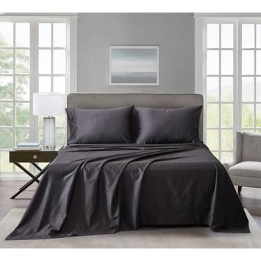 Imagem de New Season - Lençóis de cama 100% algodão jacquard - 600 fios multilistrados - Conjunto de lençóis de cama de 4 peças de cetim tecido sedoso e suave - bolso profundo de 38 cm - (Queen, cinza escuro)