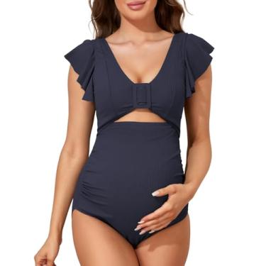 Imagem de Summer Mae Maiô canelado para gestantes, recortado, peça única, manga com babados, roupa de banho de cintura alta, Azul, preto, G