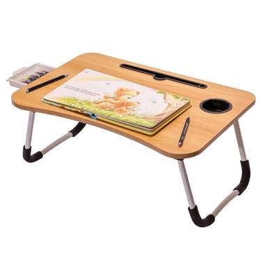Imagem de OHAHO Mesa para laptop, mesa dobrável com suporte para copos, compartimento para tablet, suporte portátil para trabalhar, escrever, desenhar (marrom)