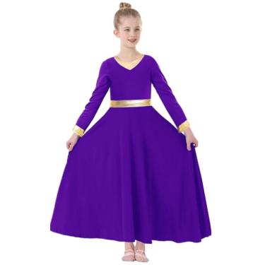 Imagem de TLMNU Vestido de dança de louvor para meninas, dourado, metálico, adoração litúrgica, roupão de igreja, fantasia lírica, 01 - Roxo escuro, 13-14 Anos