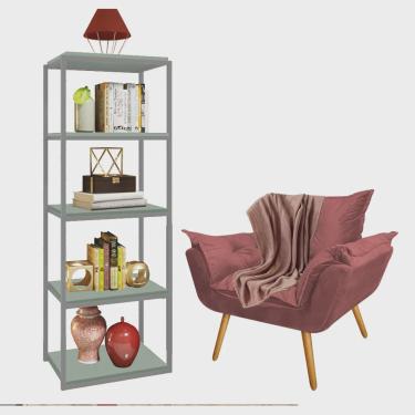 Imagem de Kit Poltrona Fatte com Manta Soft Salmão e Estante Livreiro Ferro Prata mdf Verde Oliva Suede Rose Gold - Ahazzo Móveis