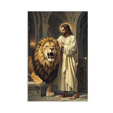 Imagem de Arte de parede em tela de Jesus e Cordeiro, O Leão de Judá Jesus, Pôster de Rei Leão Cristão Jesus Impressão Pintura Religiosa Arte Igreja Decoração de Parede Imagens 90 x 60 cm (36 x 24 polegadas