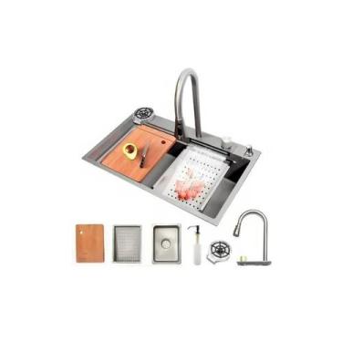 Imagem de Cuba Cascata Gourmet Torneira Lavador Copos Cor Prateado 75x46x23 - Ne