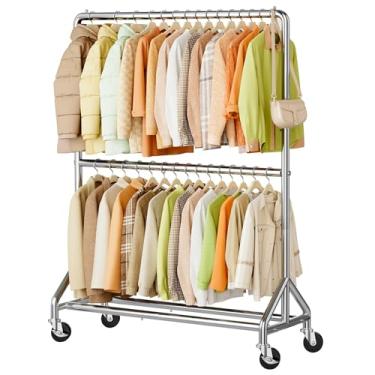 Imagem de AOODA Suporte de roupas resistente de 127 cm de largura para pendurar roupas, varões duplos industriais com rodas, suporte resistente para roupas, casacos, jaquetas (prata)