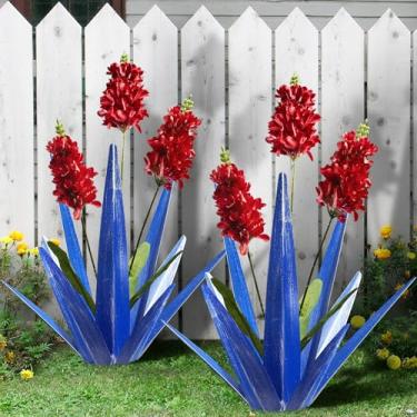 Imagem de ALIKZO 2 peças de arte de metal grande, plantas de agave de metal ao ar livre, escultura rústica de tequila, decoração de jardim, planta de arte de lavanda (azul marinho)