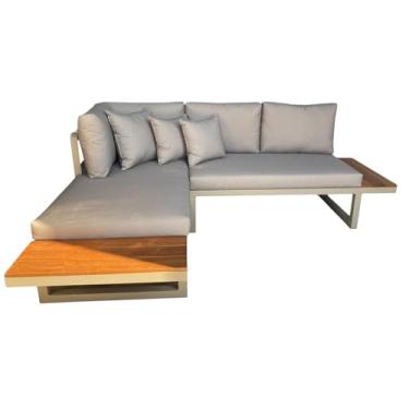 Imagem de Sofá de Canto com Chaise em Alumínio e Madeira – Estofado Impermeável para Área Externa, Varanda ou Jardim