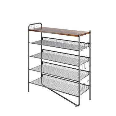 Imagem de Sapateira de 5 níveis para entrada, organizador de sapateira de metal comporta 20 pares de sapatos, armazenamento de sapatos na porta da frente com parte superior de madeira marrom rústica, sapateira